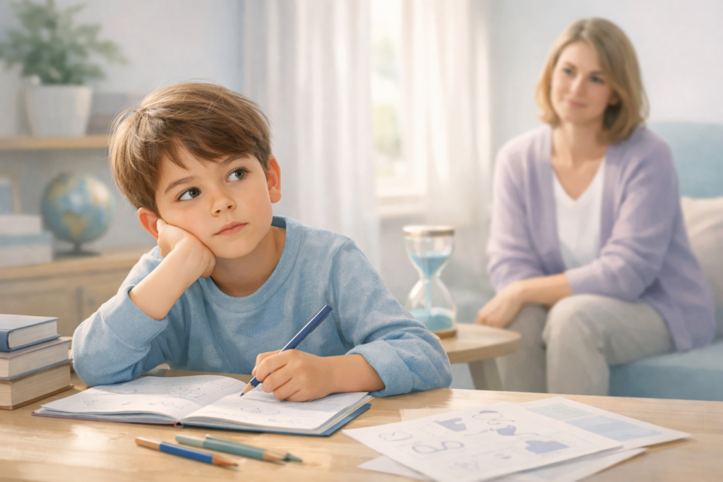Enfant en réflexion pendant une activité scolaire pendant qu’un adulte observe avec attention dans un cadre calme