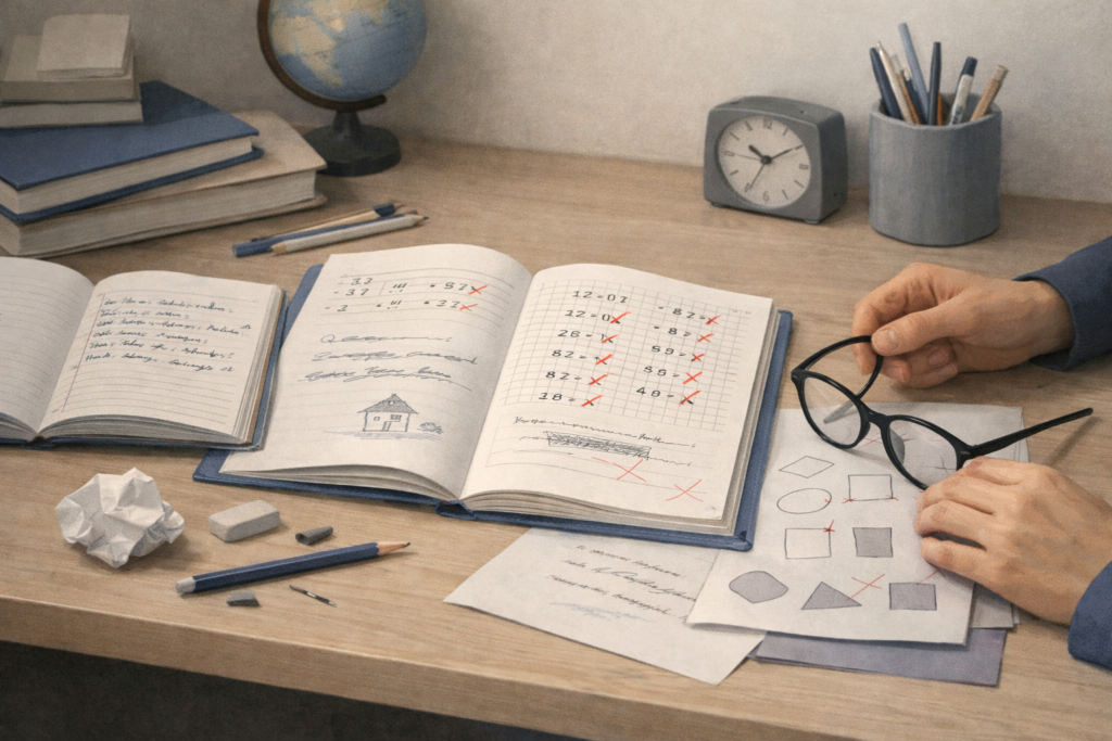 Cahiers et exercices scolaires observés attentivement par un adulte dans un contexte de difficultés persistantes