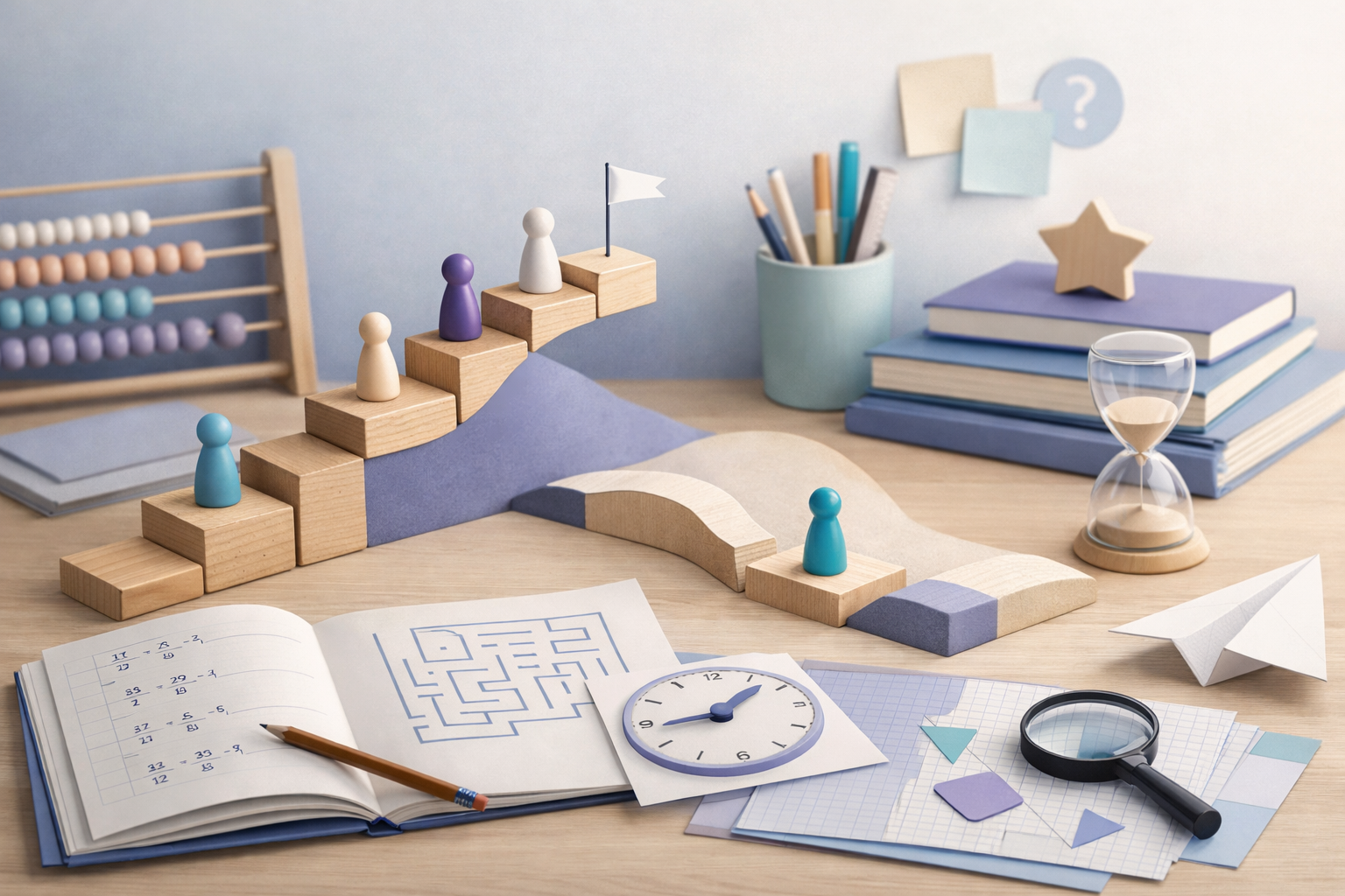 Supports scolaires et éléments visuels représentant des rythmes d’apprentissage différents et une progression non linéaire